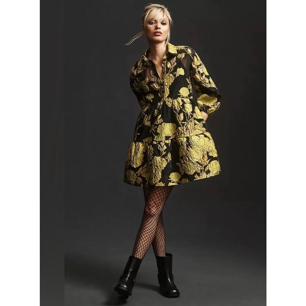 Anthropologie Bettina Tiered Shirt Dress‎ Mini Jacquard Floral Small NYE Holiday